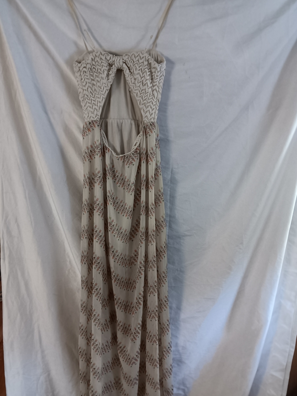 Boho Maxi Dress Women's Small Cream Crochet Bodice Open Back Pastel Aztec Print - Picture 5 of 9